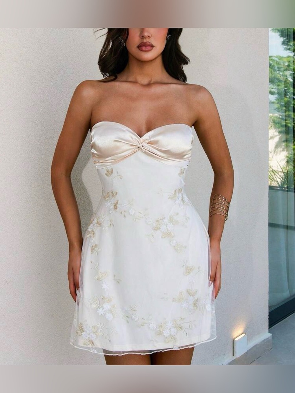 Strapless Apricot Floral Satin-Trim Mini Dress